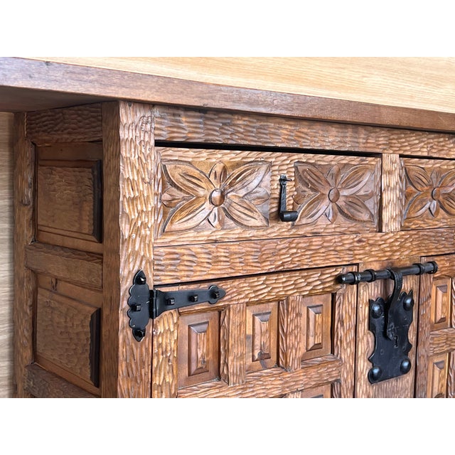 Wood 19th Spanish Baroque Carved Walnut Tuscan Two Drawer Credenza or Buffet For Sale - Image 7 of 18