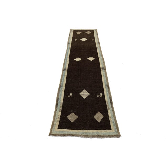 Tribal Modern Hand-Knotted Gabbeh Wool Runner – Tribal Geometric Design – Earthy Brown For Sale - Image 3 of 7