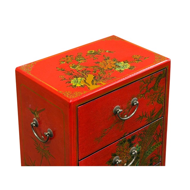 Oriental Bright Red Golden Flower Bird Graphic Drawers Chest For Sale - Image 10 of 13
