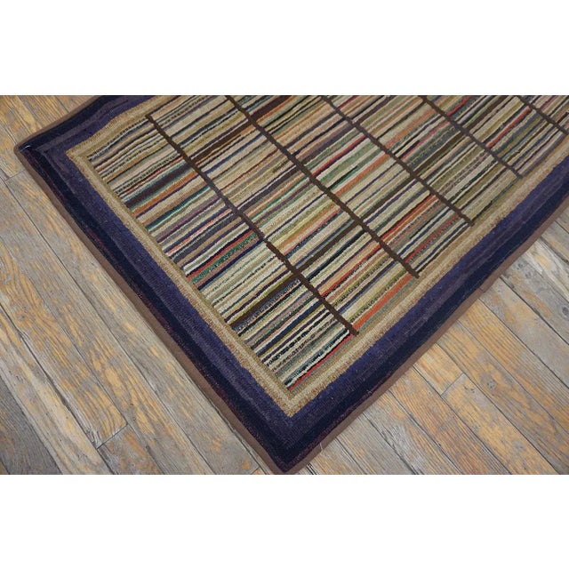 1920s 1920s Multi Purple Stripe Folk Art Antique American Hooked Rug 2'7" X 3'8" Knotted Wool Carpet For Sale - Image 5 of 13