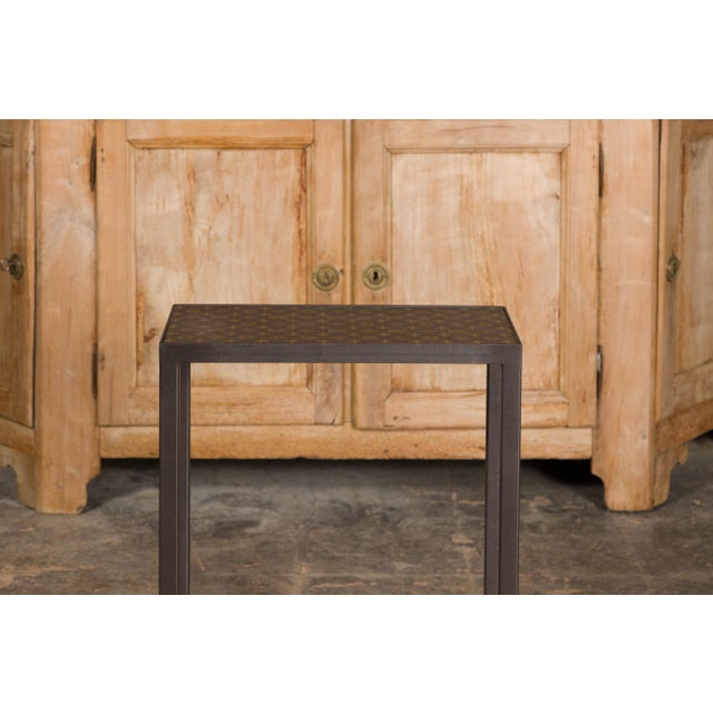 Metal Narrow Side Table with Louis Vuitton Leather Top and Custom Metal Stand For Sale - Image 7 of 11