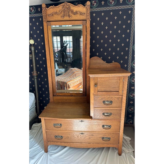 This bi-level oak dresser was often called a “gentleman’s dresser”. and is of a type that was popular in the late 1800s...