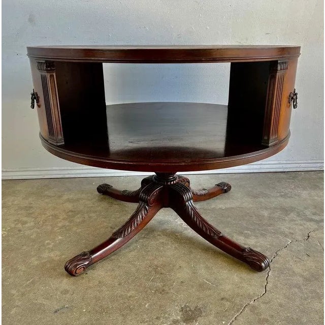 English Regency Drum Table With Leather Top, Flame Mahogany, England, 1930s For Sale - Image 3 of 9