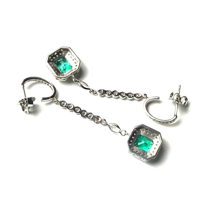 Emerald Shaped Emeralds Halo Diamond 3.50 Carat Lariat 14 Karat White Gold Earrings - 2 Pieces For Sale - Image 11 of 12