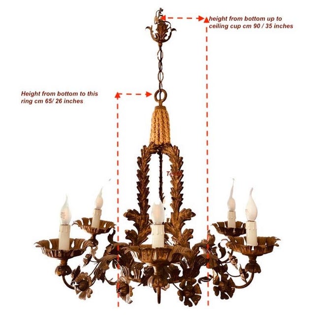 Florentine Chandelier with Leaves and Flowers in Golden Iron, 1880s For Sale - Image 5 of 15