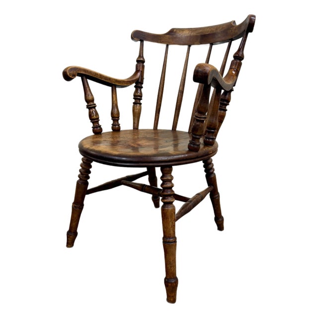 Antique Windsor Style Sack Back Rush Seat Dining or Accent Arm Chair For Sale