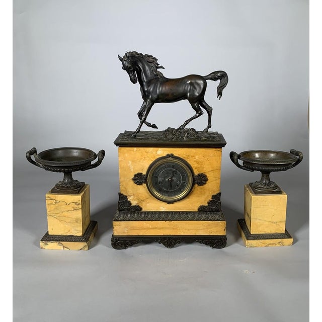 Charles X Style Mantelpiece Set with Horse Clock and Pair of Casseroles For Sale