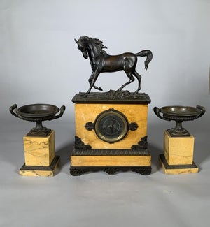 Charles X Style Mantelpiece Set with Horse Clock and Pair of Casseroles