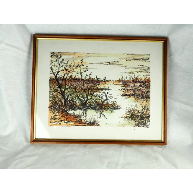 1970s French Watercolor Painting of View of Marsh, Church in the Distance, Framed For Sale - Image 6 of 11