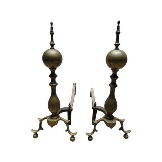 Antique American Brass & Iron Andirons - A Pair For Sale