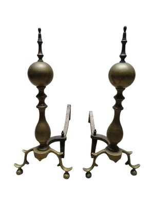 Antique American Brass & Iron Andirons - A Pair