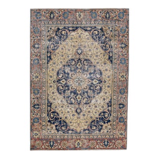 1960s Vintage Persian Distressed Handmade Medallion Navy Blue Wool Rug For Sale