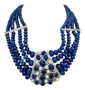 700Ct Sapphire Bead Necklace with cabochon & Diamond Center & Diamond Spacer 18K