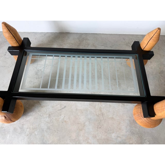 1980s Italian Postmodern Sculptural Turned Wood & Glass Two-Tier Rectangular Coffee Table For Sale - Image 11 of 17