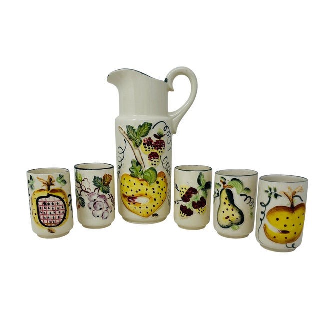 A delightful and nostalgic example of mid-century Japanese ceramic artistry, this 6-piece juice service set is a premier...