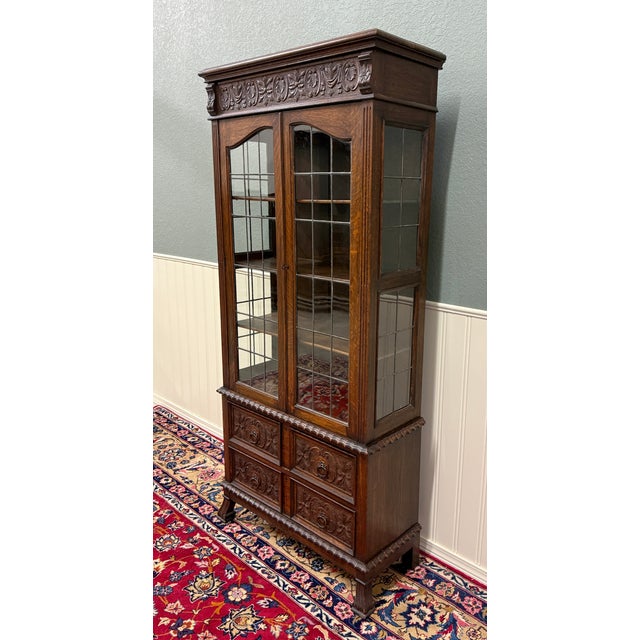 1930s Antique English Jacobean Bookcase Cabinet Double Door Glass Drawers Oak c.1930s For Sale - Image 5 of 18
