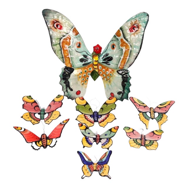 Italian and Portuguese Ceramic Butterfly Wall Plaques, 1970s, Set of 8 For Sale