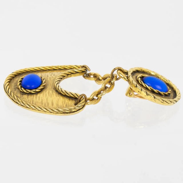 Metal Mercedes Robirosa Style Gilded Metal Clip Earrings with Glass Cabochons For Sale - Image 7 of 8