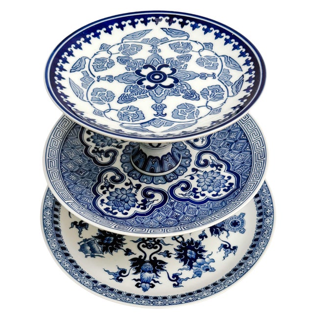 Blue 1990s Large Chinoiserie Blue & White 3-Tier Porcelain Serving Stand by Bombay For Sale - Image 8 of 11