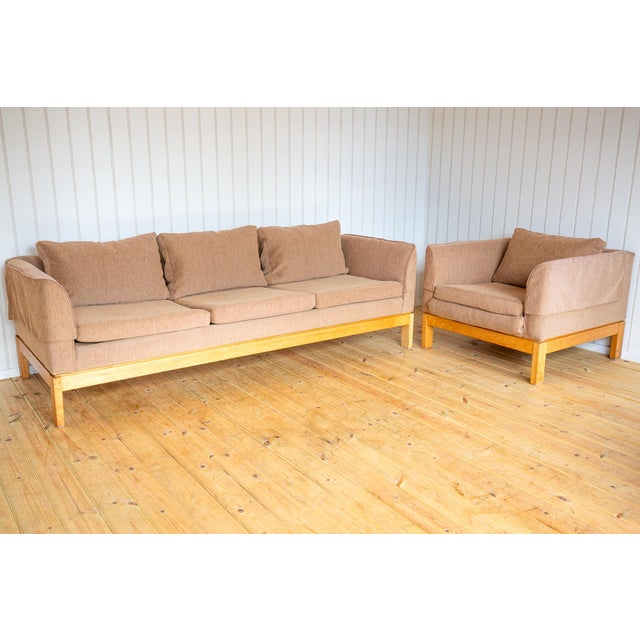 Wood Mid-Century Modernist Sofa and Armchair in Blonde Maple and Upholstery attributed to Terence Conran, 1970s, Set of 2 For Sale - Image 7 of 18