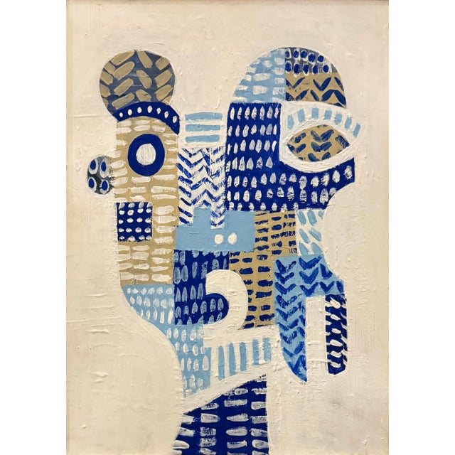 This unique patchwork style acrylic portrait painitng features varying shades of blue. Framed in a vintage gold frame,...