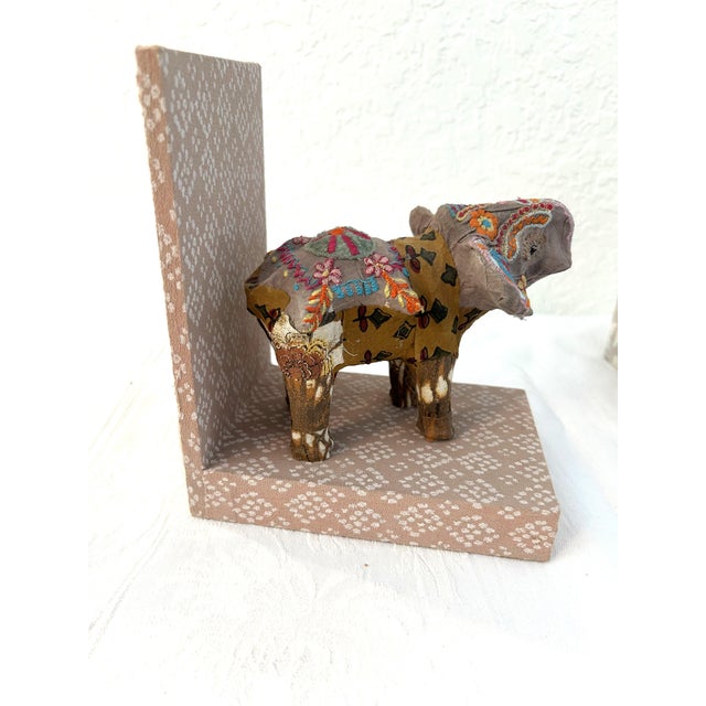 Patchwork Cloth Covered Elephant & Bovine Bookends, a Pair For Sale - Image 4 of 7