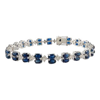 14.37 Carat Blue Sapphire Diamond 14k Solid White Gold Wedding Bracelet For Sale