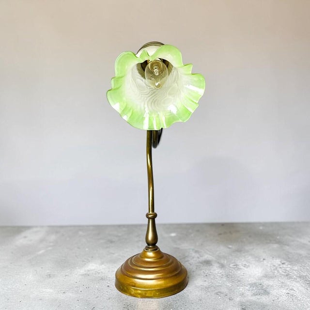 Art Nouveau Whiplash Curve Brass Tulip and Green Glass Table Lamp, 1950s For Sale - Image 4 of 14