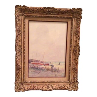 1980s "Red Boats" Impressionist Style Beach Scene Painting by Tom Perkinson, Framed For Sale