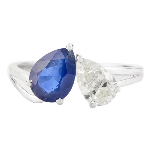 18k Gold Pear Cut Sapphire Diamond Toi Et Moi Engagement Ring Size 5 For Sale
