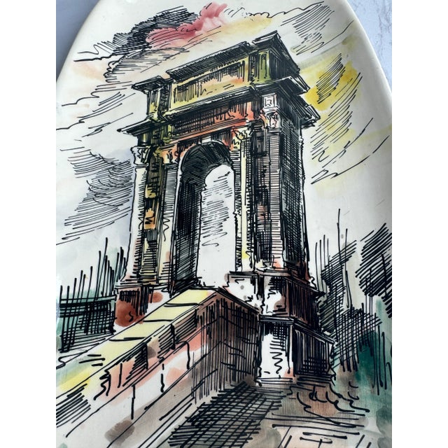 Mid-Century Modern Hand Painted Vintage Italian Pottery Arch of Trajan in Ancona Wall Plate For Sale - Image 3 of 12