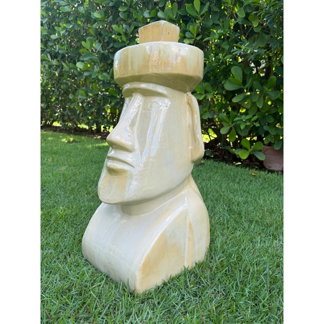 Large Vintage Glazed Ceramic Moai Easter Island Head Sculpture For Sale - Image 4 of 12