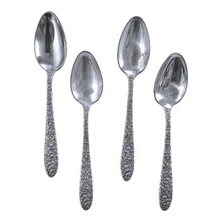Mid 20th Century Set of 4 Kirk Stieff Style Manchester Repousse Southern Rose Sterling Silver 4 3/8" Demitasse Spoon(S) No Monos For Sale