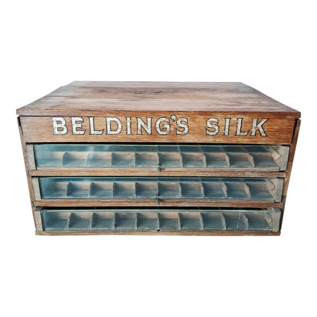 Antique Belding’s Silk Oak Countertop Thread Cabinet With Glass Drawers | Early General Store Display | C. 1900–1920 For Sale
