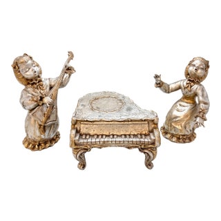 Large 1950s Florentine Borghese-Style Gilt Chalkware Musical Cherubs With Grand Piano – 3-Piece Set For Sale