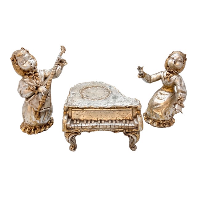 Large 1950s Florentine Borghese-Style Gilt Chalkware Musical Cherubs With Grand Piano – 3-Piece Set For Sale