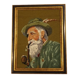 Vintage Framed Needlepoint Portrait of a Pipe Smoking Elder Tyrolean Man For Sale