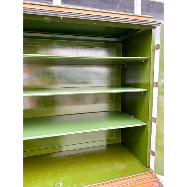 Yellow Mid-Century Chinoiserie Scenic Two-Door Cabinet With Ornate Brass Hardware For Sale - Image 8 of 18