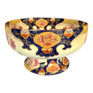 Large Antique 1860s William Brownfield English Ironware Compote Footed Bowl "Imari", Gilt, Cobalt, Style of Tobacco Leaf For Sale