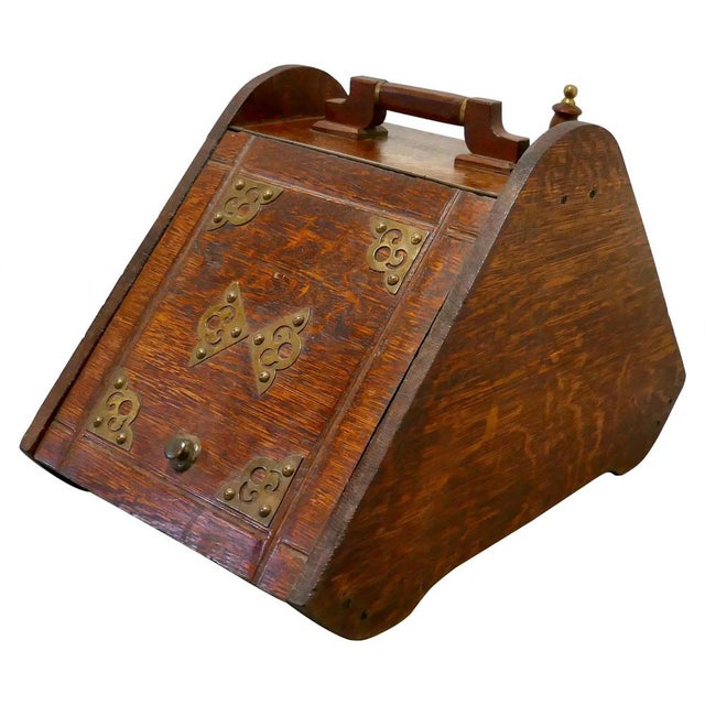 Brown Victorian Oak Coal Box with Liner and Shovel, 1880s, Set of 2 For Sale - Image 8 of 8