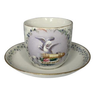 Antique Hand Painted Forget Me Not Doves Cup and Saucer c. 1900 For Sale