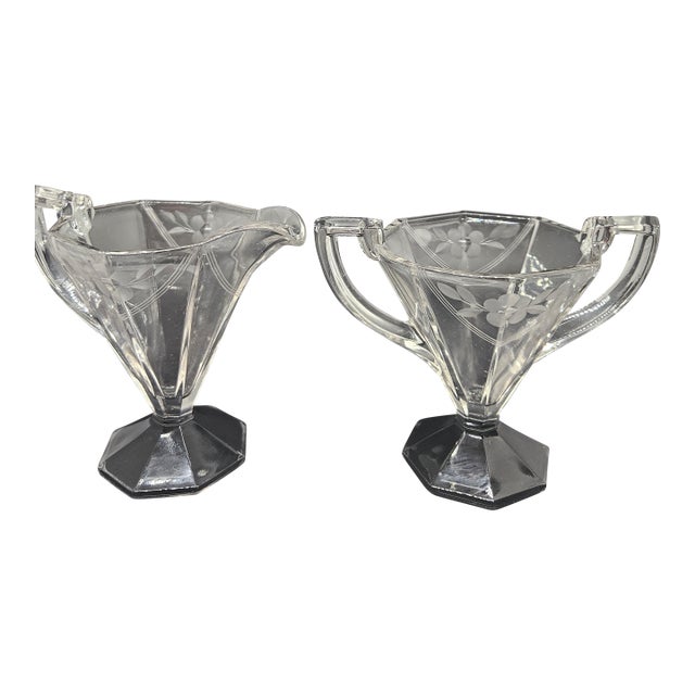 Vintage Art Deco Glass Sugar & Creamer Floral Wheel Cut W/ Black Base Geometric For Sale