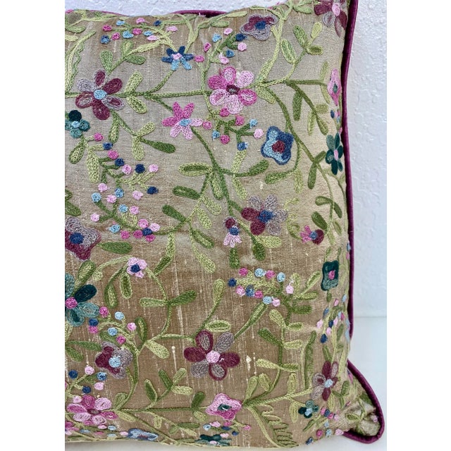 Textile Square Pillows With a Purple and Pink Embroidered Floral Print, Made in U K- a Pair For Sale - Image 7 of 10