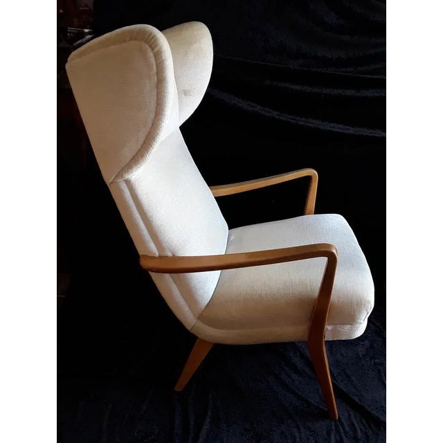 Vintage Ahorn Wood Frame Beige Velour Fabric Cover Wing Chair, 1970s For Sale - Image 4 of 9