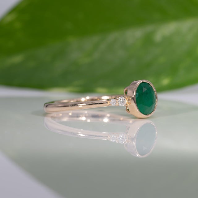 Metal Zambian Emerald Ring With Earth-Mined Diamond Accents in Solid 14k Gold, 6mm, Size 6.75 For Sale - Image 7 of 9