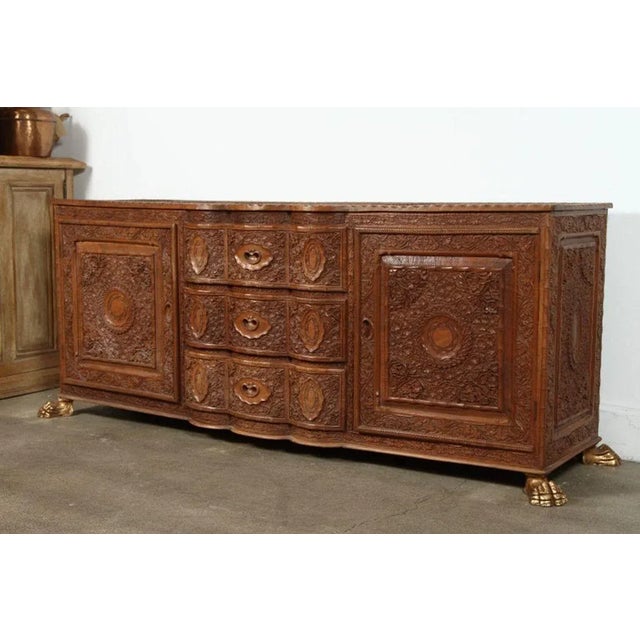 English 19th-Century Javanese Hand-Carved Wood Sideboard With Claw Feet For Sale - Image 3 of 12