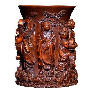 Late 20th Century Finely Carved Boxwood Eight Immortals Pen Holder For Sale