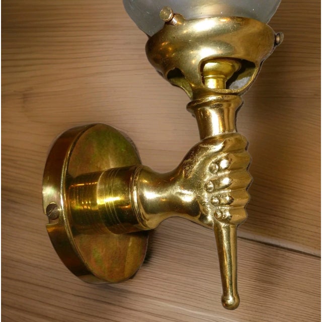 Traditional 1950's French Regency Bronze Hand Fist Torch Wall Sconce With Flame Shade For Sale - Image 3 of 14