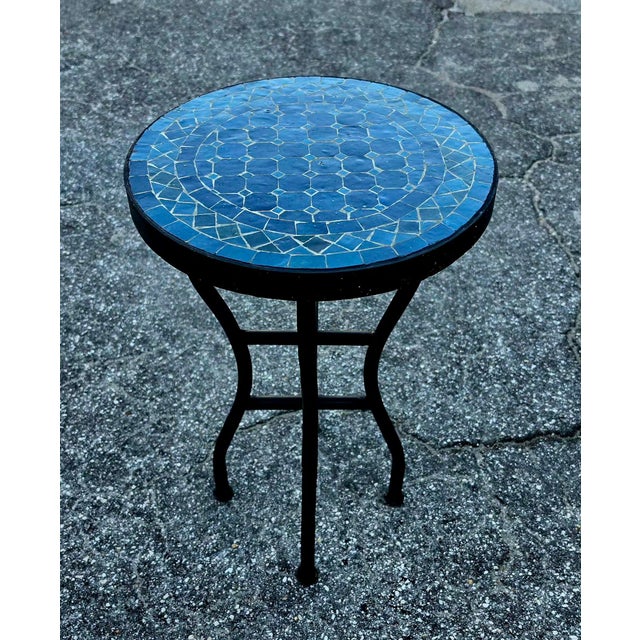 16" Mini Moroccan Mosaic Accent Table – Petrol Blue Tile Top For Sale - Image 9 of 9