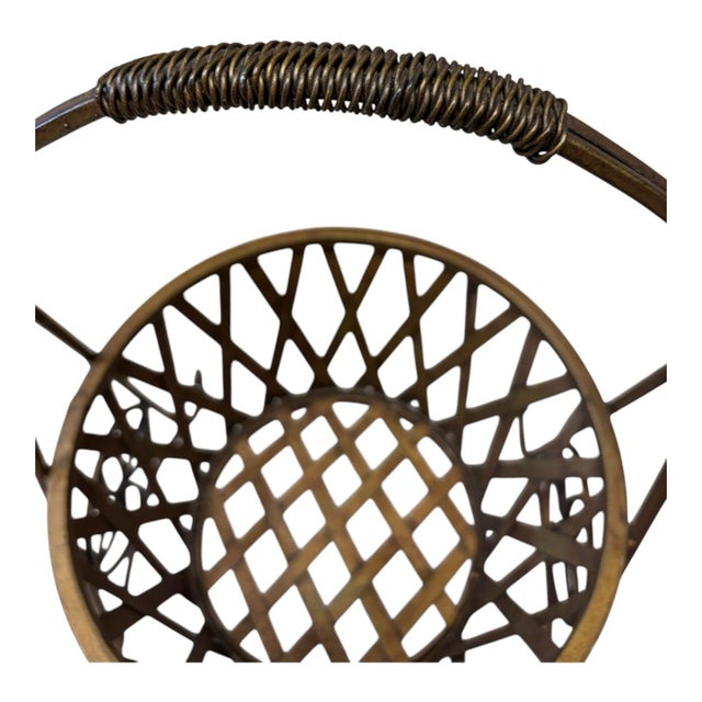 Mid 20th Century Vintage Metal Basket Weave Garden Planter Stand With Scrollwork and Aged Patina For Sale - Image 5 of 8
